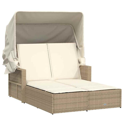 vidaXL Double Sun Lounger with Canopy and Cushions Beige Poly Rattan