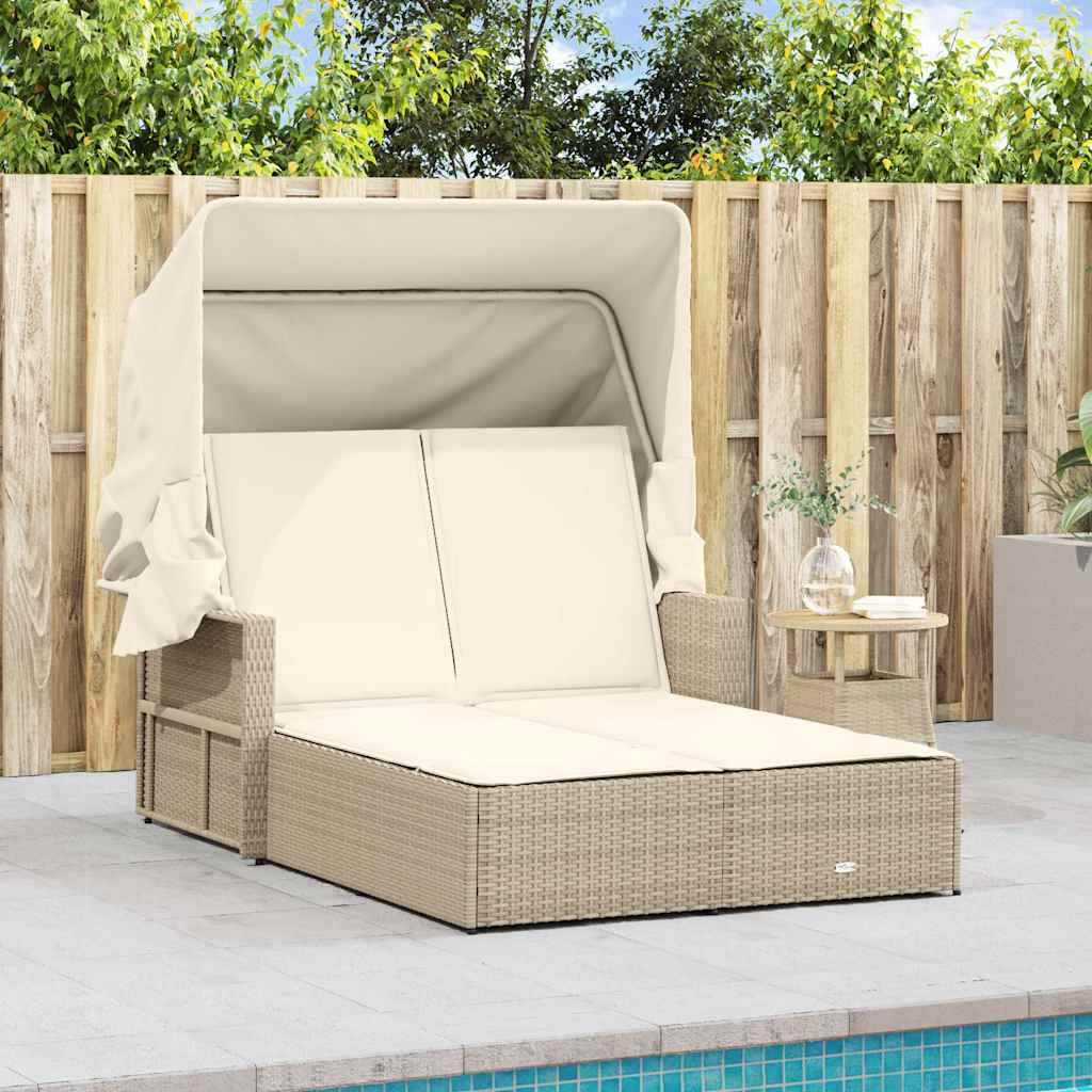 vidaXL Double Sun Lounger with Canopy and Cushions Beige Poly Rattan