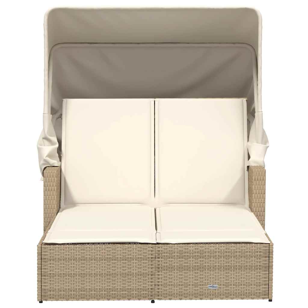 vidaXL Double Sun Lounger with Canopy and Cushions Beige Poly Rattan