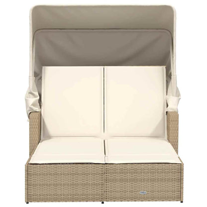 vidaXL Double Sun Lounger with Canopy and Cushions Beige Poly Rattan