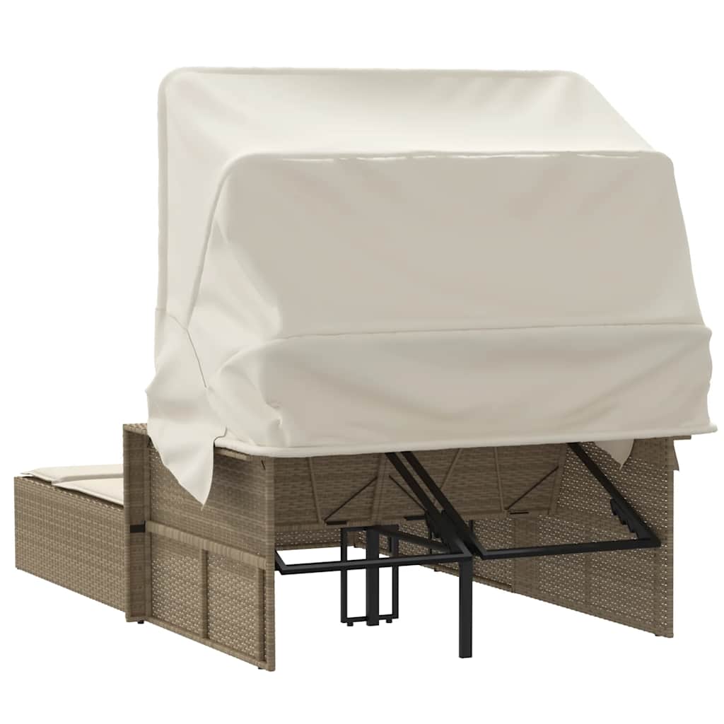 vidaXL Double Sun Lounger with Canopy and Cushions Beige Poly Rattan