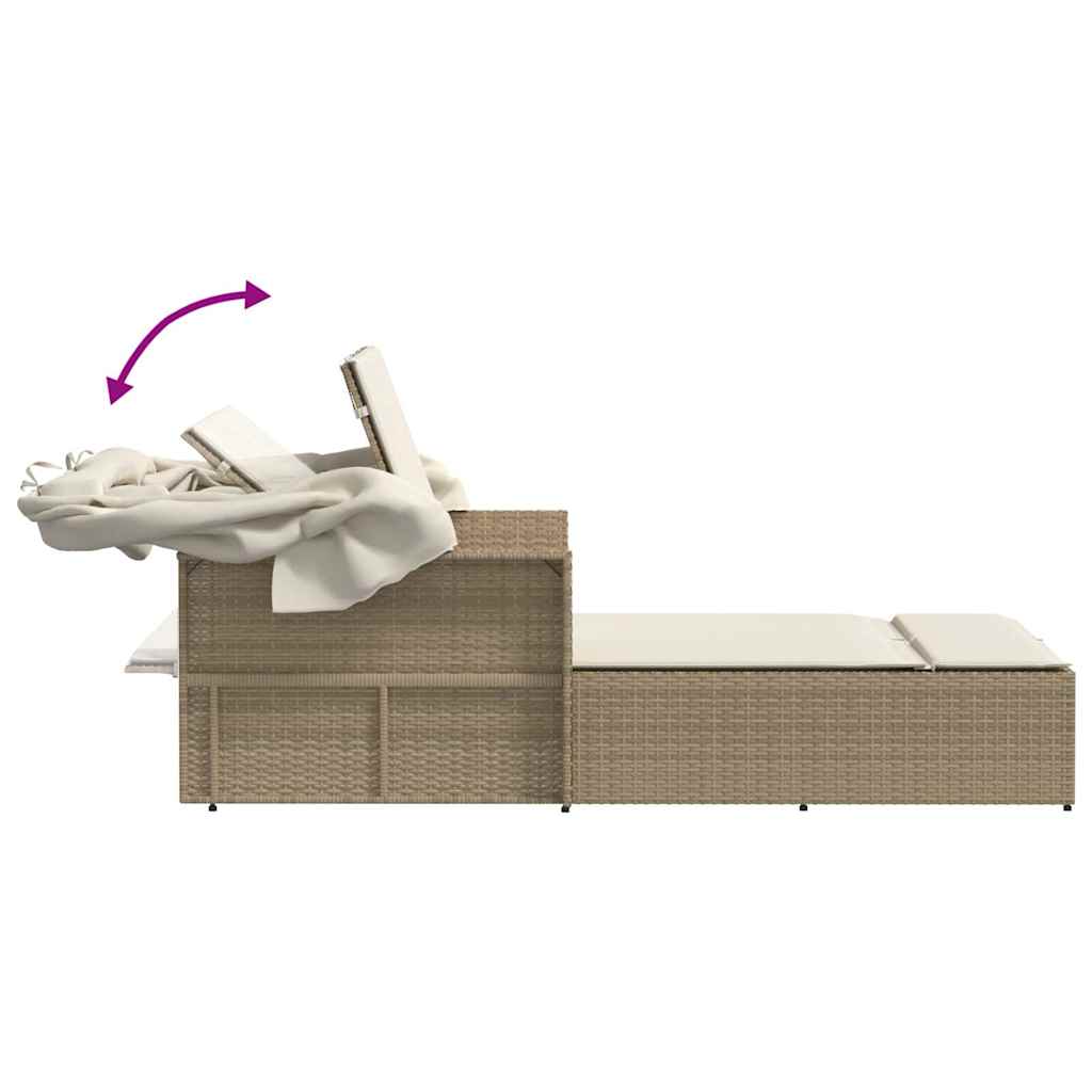 vidaXL Double Sun Lounger with Canopy and Cushions Beige Poly Rattan