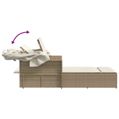 vidaXL Double Sun Lounger with Canopy and Cushions Beige Poly Rattan