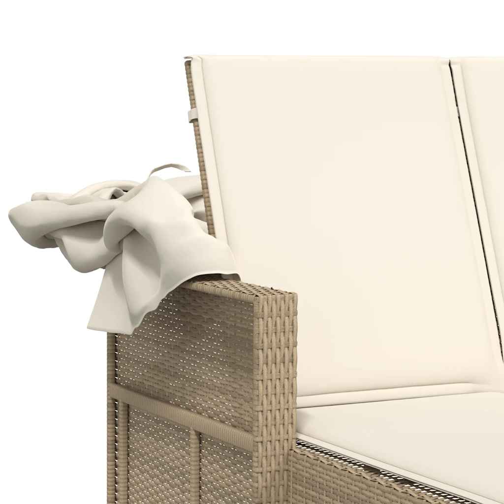 vidaXL Double Sun Lounger with Canopy and Cushions Beige Poly Rattan