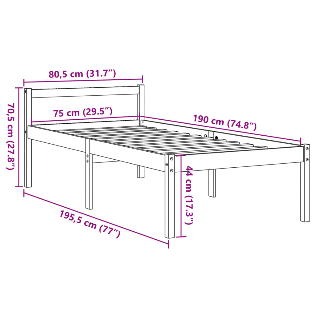 vidaXL Senior Bed without Mattress Wax Brown 75x190 cm Small Single Solid Wood Pine
