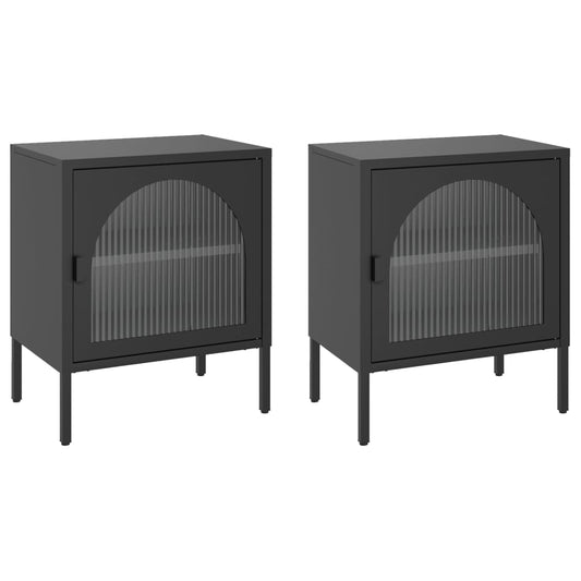 vidaXL Nightstand | Set of 2 | Black | Powder-coated steel, fluted glass