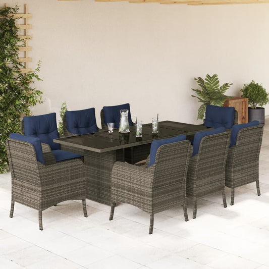 vidaXL 9 Piece Garden Dining Set with Cushions Grey Poly Rattan