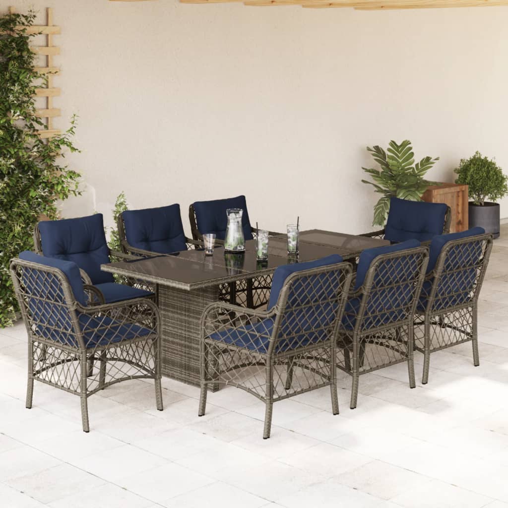 vidaXL 9 Piece Garden Dining Set with Cushions Grey Poly Rattan
