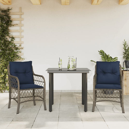 vidaXL 3 Piece Bistro Set with Cushions Grey Poly Rattan