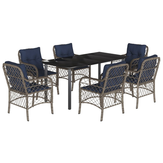 vidaXL 7 Piece Garden Dining Set with Cushions Grey Poly Rattan