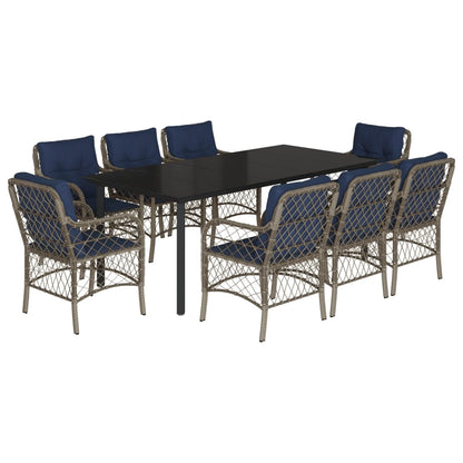 vidaXL 9 Piece Garden Dining Set with Cushions Grey Poly Rattan