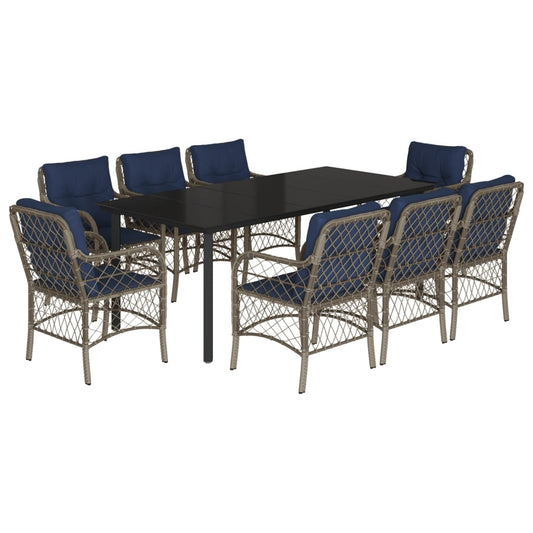 vidaXL 9 Piece Garden Dining Set with Cushions Grey Poly Rattan