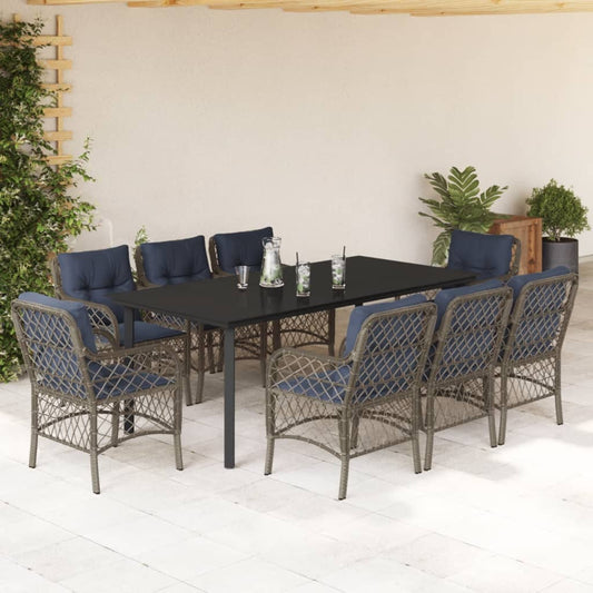 vidaXL 9 Piece Garden Dining Set with Cushions Grey Poly Rattan