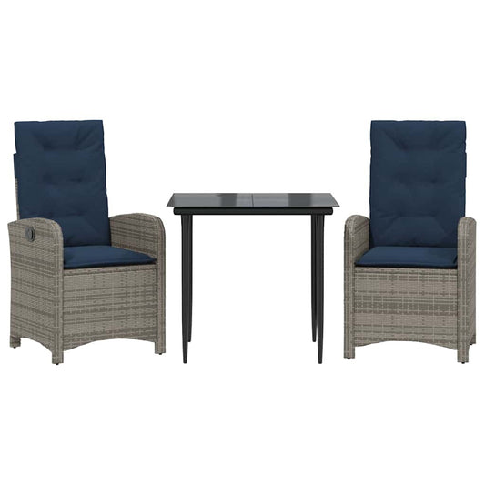vidaXL 3 Piece Garden Dining Set with Cushions Grey Poly Rattan