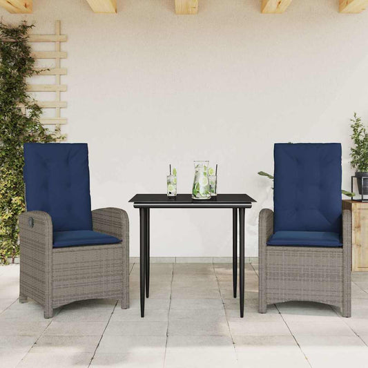 vidaXL 3 Piece Garden Dining Set with Cushions Grey Poly Rattan