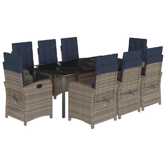 vidaXL 9 Piece Garden Dining Set with Cushions Grey Poly Rattan