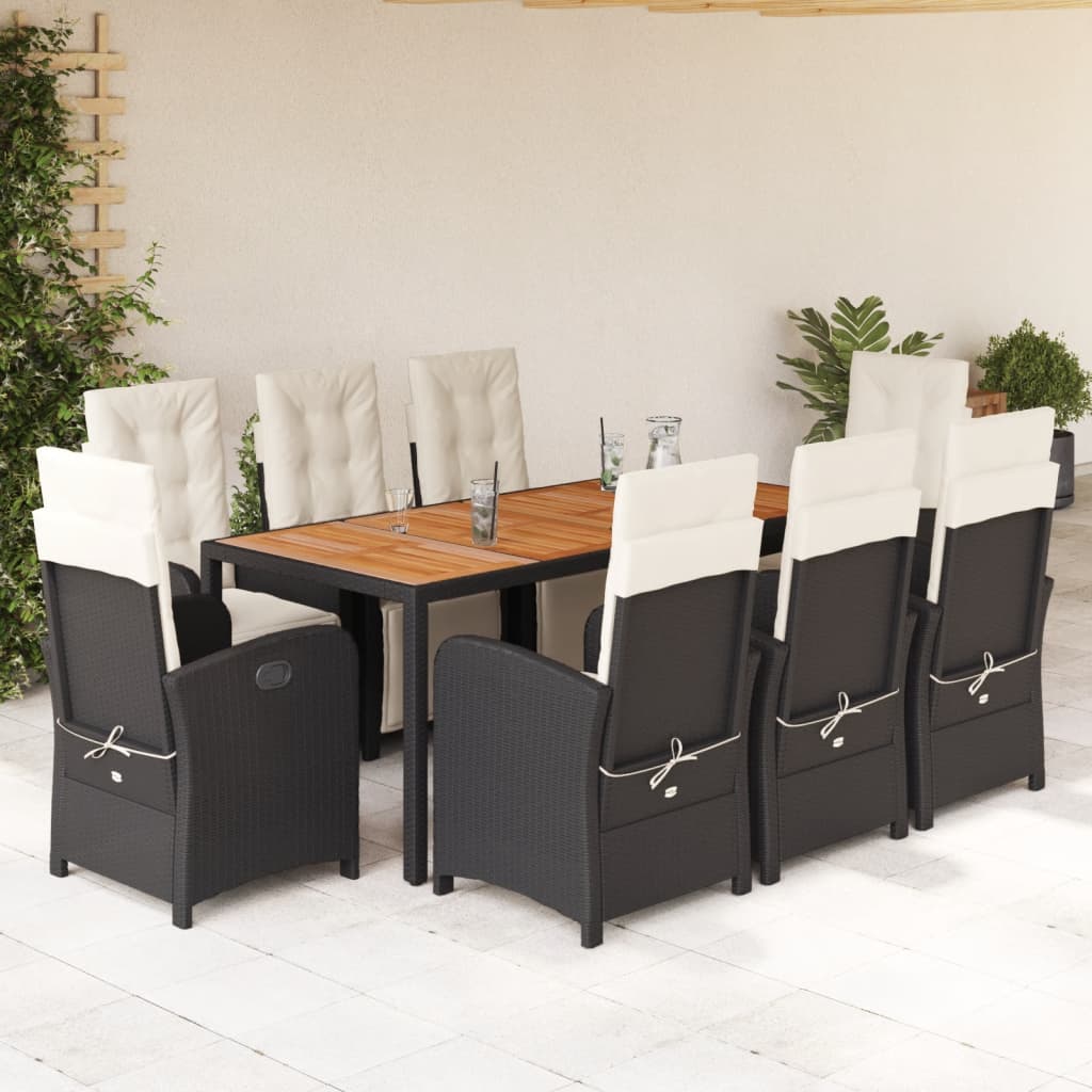 vidaXL 9 Piece Garden Dining Set with Cushions Black Poly Rattan