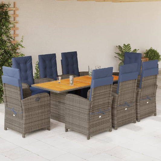 vidaXL 9 Piece Garden Dining Set with Cushions Grey Poly Rattan