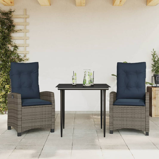 vidaXL 3 Piece Garden Dining Set with Cushions Grey Poly Rattan