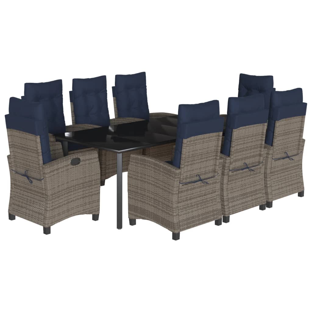 vidaXL 9 Piece Garden Dining Set with Cushions Grey Poly Rattan
