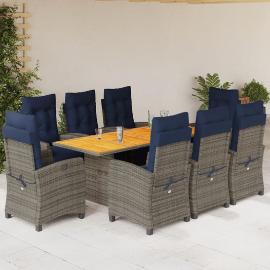vidaXL 9 Piece Garden Dining Set with Cushions Grey Poly Rattan