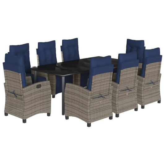 vidaXL 9 Piece Garden Dining Set with Cushions Grey Poly Rattan