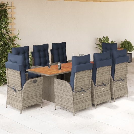 vidaXL 9 Piece Garden Dining Set with Cushions Grey Poly Rattan