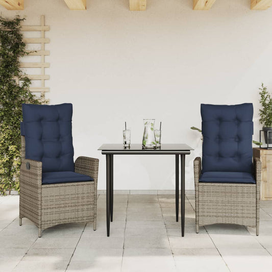 vidaXL 3 Piece Garden Dining Set with Cushions Grey Poly Rattan