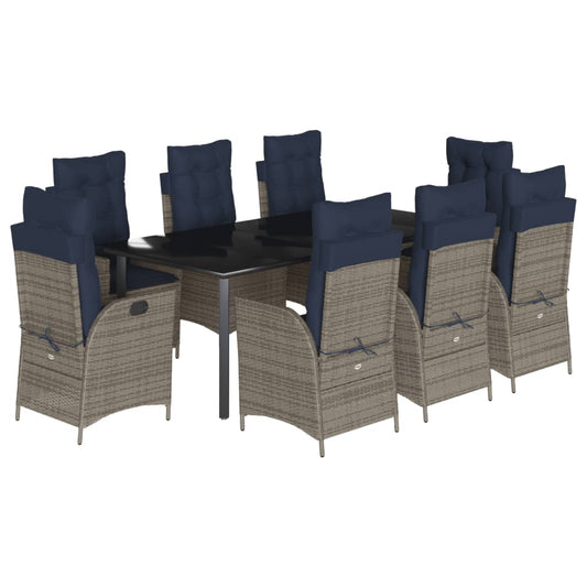 vidaXL 9 Piece Garden Dining Set with Cushions Grey Poly Rattan