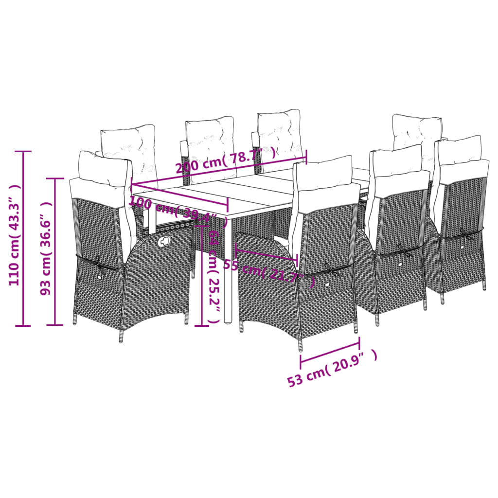 vidaXL 9 Piece Garden Dining Set with Cushions Grey Poly Rattan