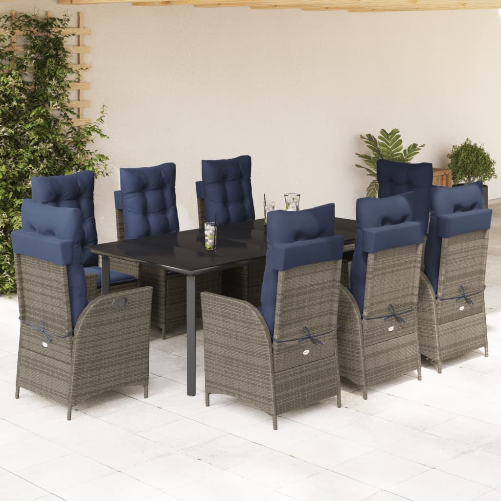vidaXL 9 Piece Garden Dining Set with Cushions Grey Poly Rattan