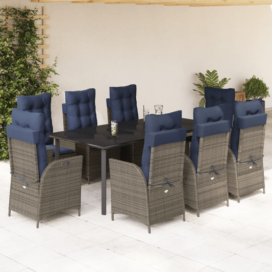 vidaXL 9 Piece Garden Dining Set with Cushions Grey Poly Rattan