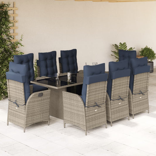 vidaXL 9 Piece Garden Dining Set with Cushions Grey Poly Rattan