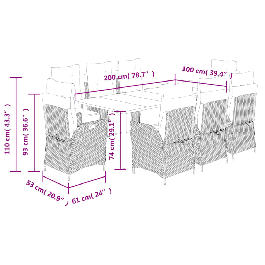vidaXL 9 Piece Garden Dining Set with Cushions Grey Poly Rattan