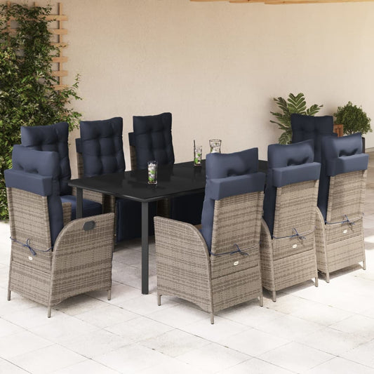 vidaXL 9 Piece Garden Dining Set with Cushions Grey Poly Rattan
