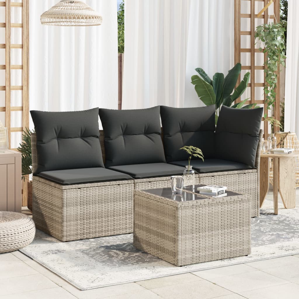 vidaXL Garden Table with Glass Top Light Grey 55x55x37 cm Poly Rattan