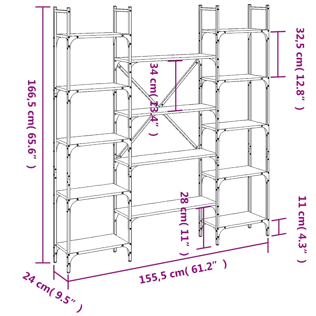 vidaXL Bookshelf Smoked Oak 155,5x24x166,5 cm Engineered Wood