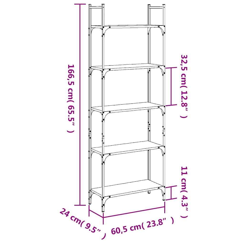 vidaXL Bookshelf 5-Tier Smoked Oak 60,5x24x166,5 cm Engineered Wood