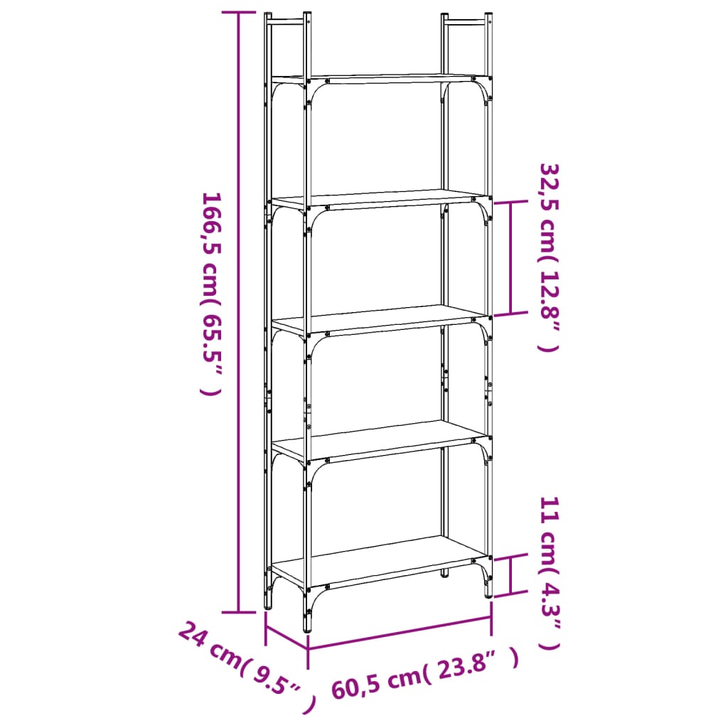 vidaXL Bookshelf | Grey Sonoma | Engineered Wood, Powder-Coated Steel | 5-Tier