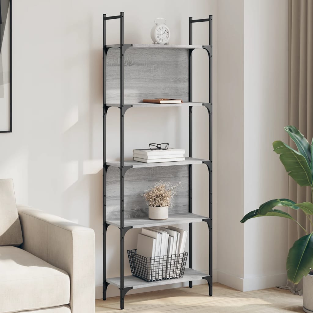 vidaXL Bookshelf | Grey Sonoma | Engineered Wood, Powder-Coated Steel | 5-Tier