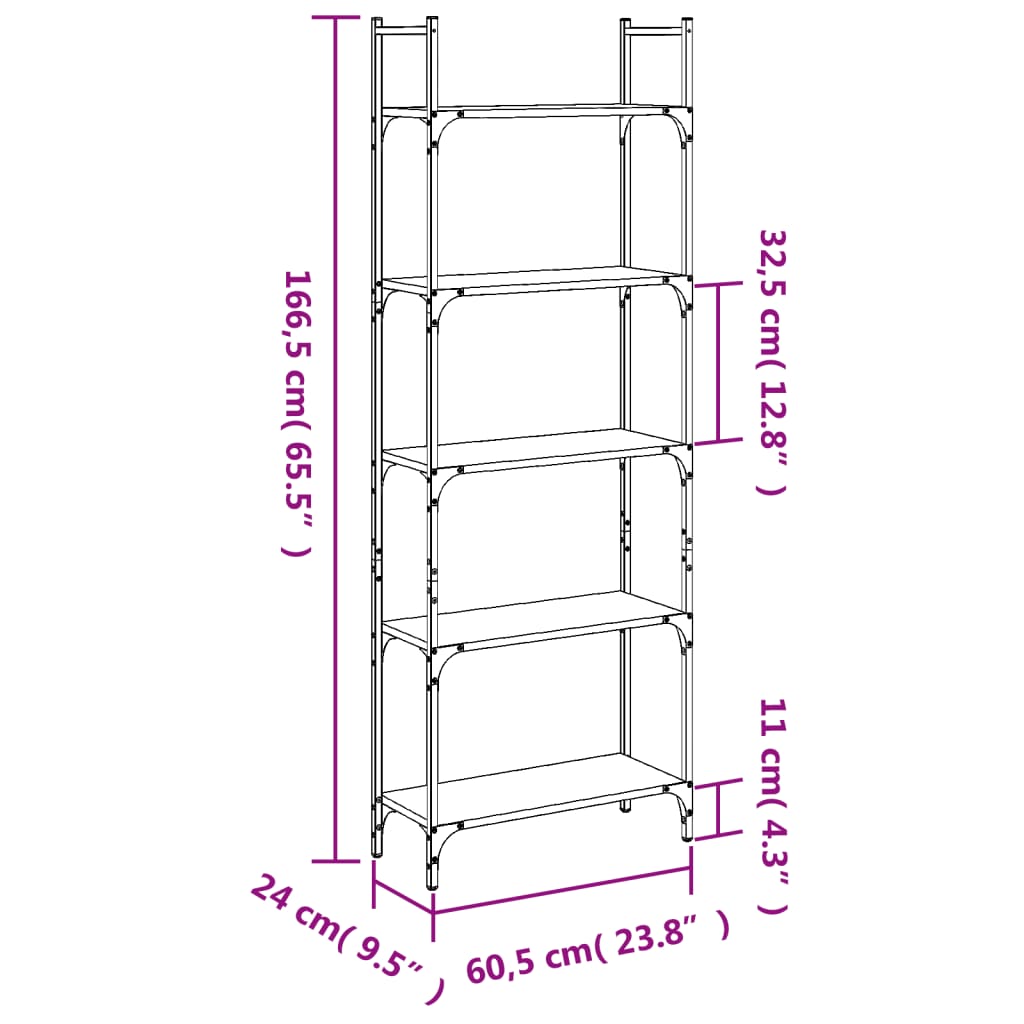 vidaXL Bookshelf 5-Tier Brown Oak 60.5x24x166.5 cm Engineered Wood
