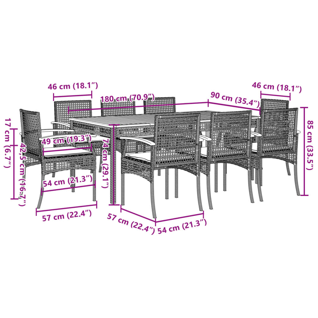 vidaXL Garden Dining Set | Grey | PE Rattan | Large | UV-resistant materials