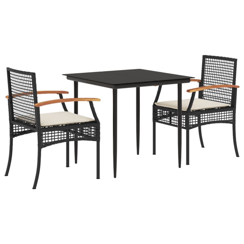 vidaXL 3 Piece Garden Dining Set with Cushions Black Poly Rattan