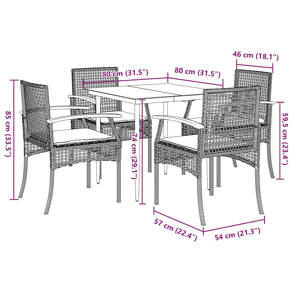 vidaXL 5 Piece Garden Dining Set with Cushions Black Poly Rattan