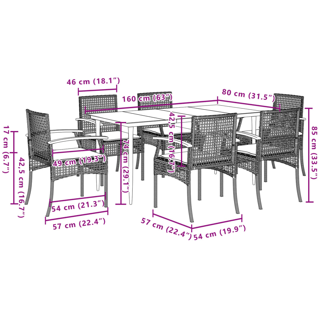 vidaXL 7 Piece Garden Dining Set with Cushions Black Poly Rattan