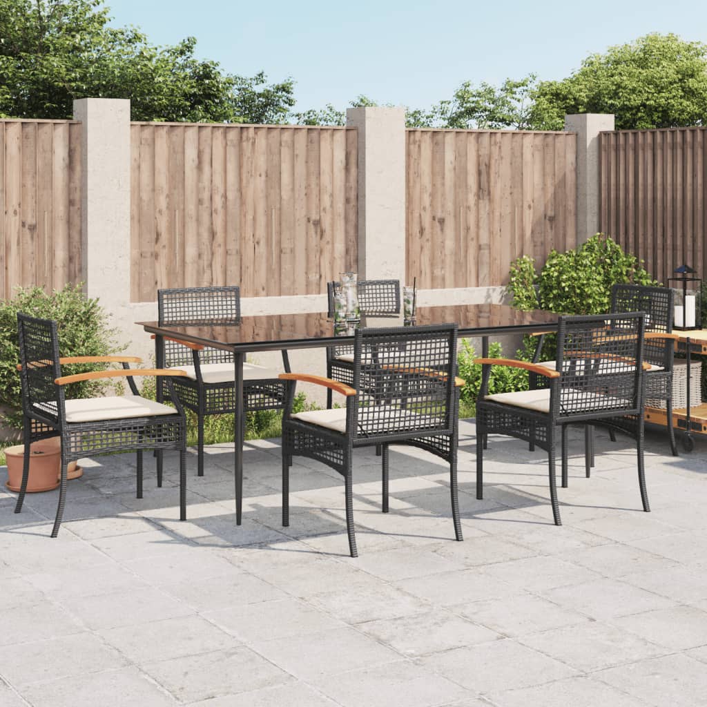 vidaXL 7 Piece Garden Dining Set with Cushions Black Poly Rattan