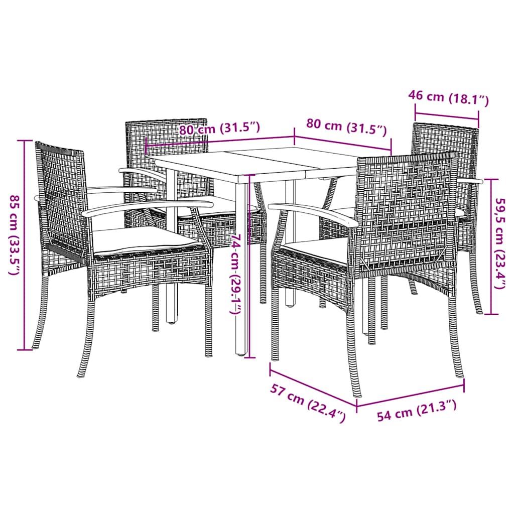 vidaXL 5 Piece Garden Dining Set with Cushions Black Poly Rattan