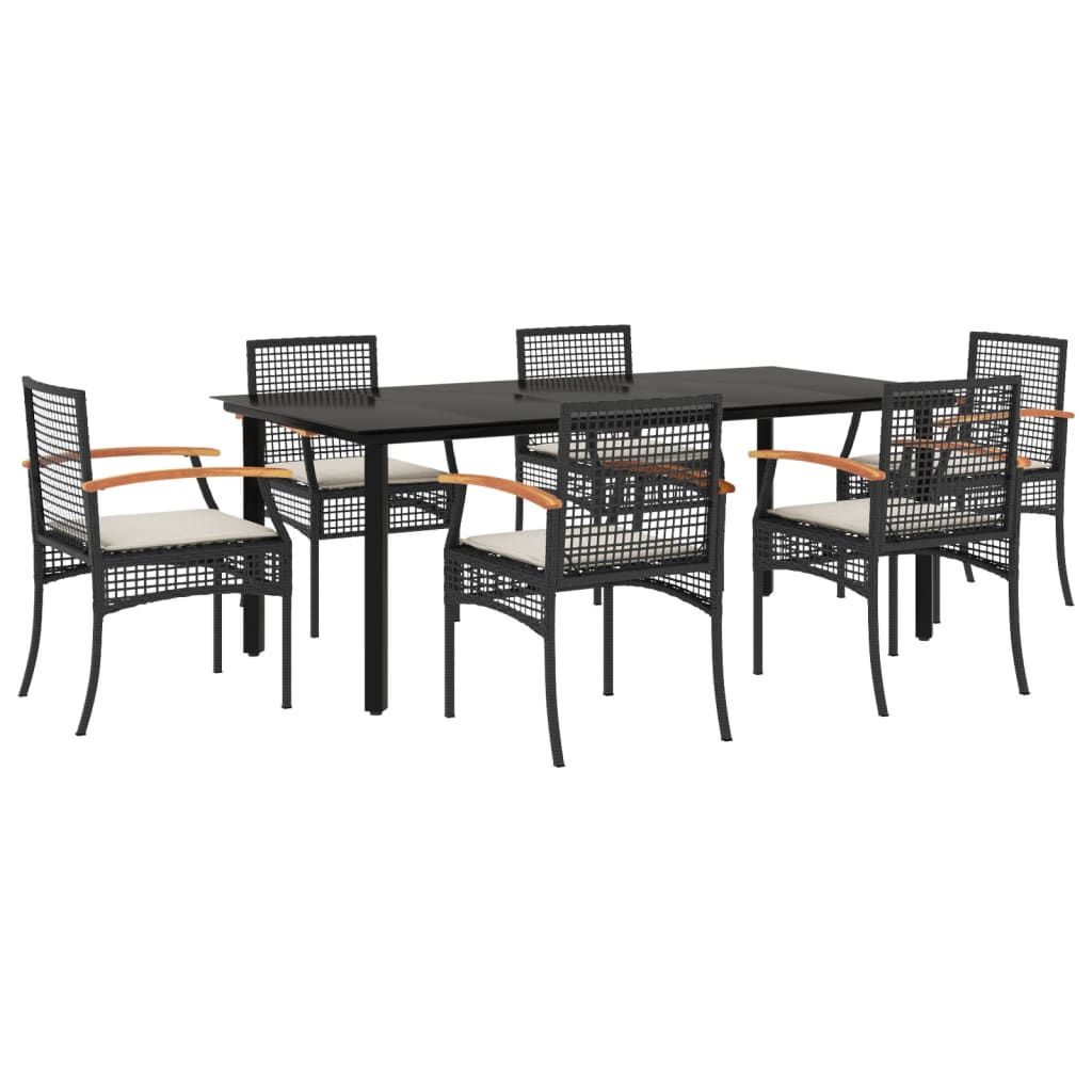 vidaXL 7 Piece Garden Dining Set with Cushions Black Poly Rattan