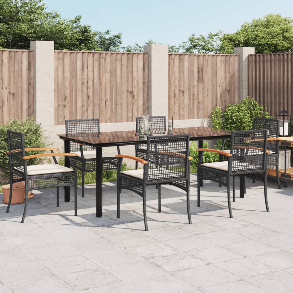 vidaXL 7 Piece Garden Dining Set with Cushions Black Poly Rattan