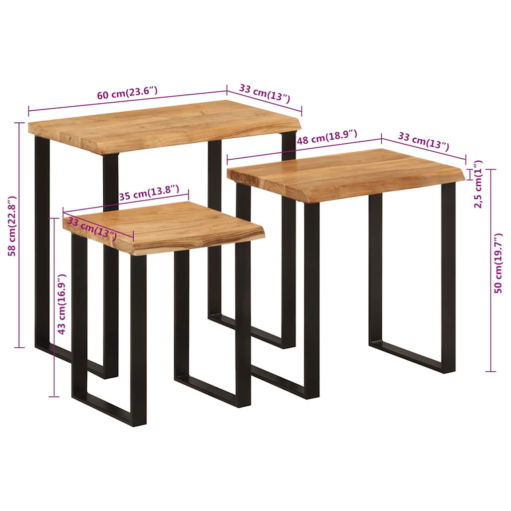 vidaXL Nesting Tables 3 pcs with Live Edge Solid Wood Acacia